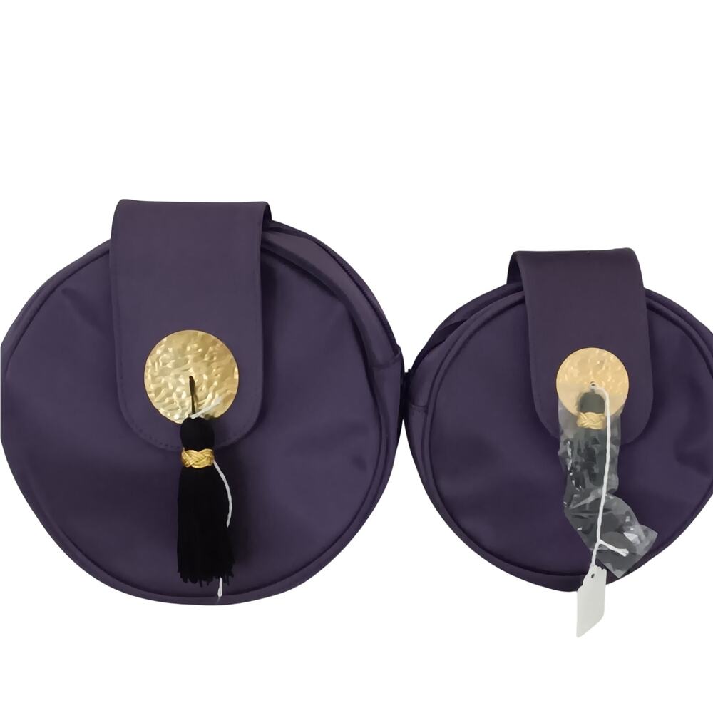 YSL Purple Gold Tassel Cosmetic Bag Travel Small Medium Circle Zip Top Lot of 2